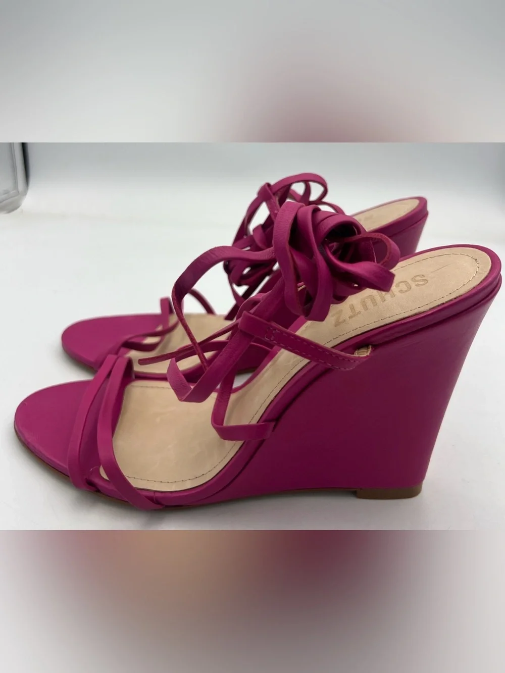 SCHUTZ Deonne Strappy Fuchsia Wedge Nappa Leather Sandals Ankle Strap Size 8.5B